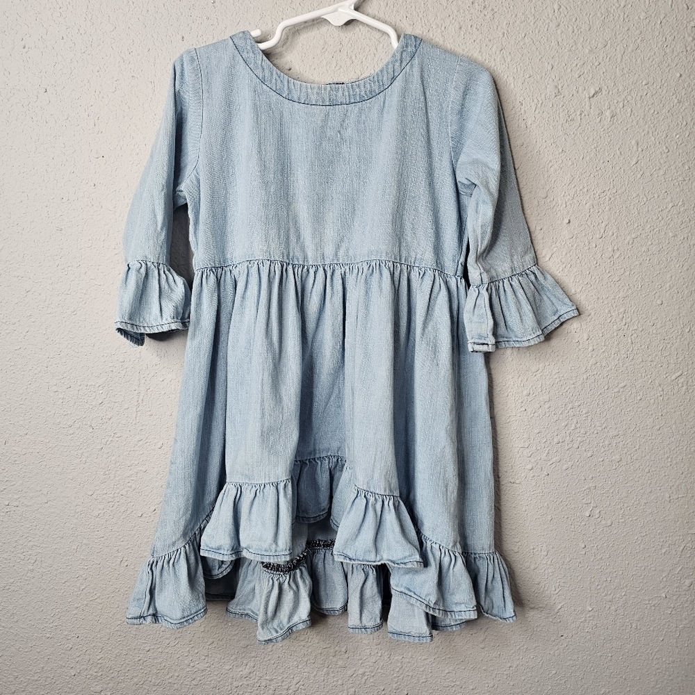 RuffleButts Top Toddler Girl 4T Blue Denim Chambray Ruffle‎ Hi Low Bell Sleeve